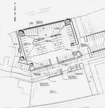 Parking lot re-design: An architect’s drawing shows proposed changes to the parking lot owned by Supreme Realty Company in Adams Corner. At top left, the north-west corner of the present-day lot would be closed to Minot Street under this plan.  Image courtesy Supreme Realty Com